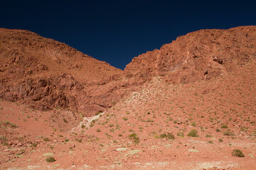 Arid landscape. View of the red sandstone and rocky formation in the desert. 