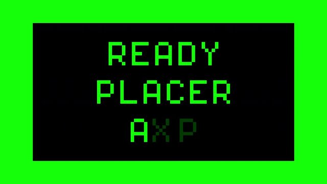 Decoding a message on a computer screen: ready player two. 8-bit retro font, green text on a black background.
