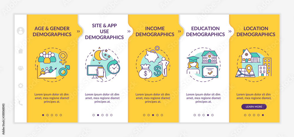Poster social network demographic details onboarding vector template. site and app use, income demographics