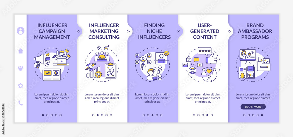 Poster influencer marketing technologies onboarding vector template. campaign management. user-generated co