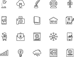 technology vector icon set such as: dashboard, security system, stream, abstract, ink, pen, office, blue, store, interior, desktop, illuminate, hand, finance, automation, upload, center, key, draw