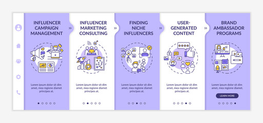 Influencer marketing technologies onboarding vector template. Campaign management. User-generated content. Responsive mobile website with icons. Webpage walkthrough step screens. RGB color concept