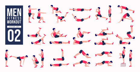 Fototapeta na wymiar Men Workout Set. Men exercise vector set. Men doing fitness and yoga exercises. Lunges, Pushups, Squats, Dumbbell rows, Burpees, Side planks, Glute bridge, Leg Raise, Russian Twist .etc