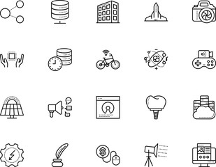 technology vector icon set such as: presentations, photographing, landing, photographer, pay, shout, megaphone, receive, unique, save, commercial, backup, game streaming, real, start, strobe, chart