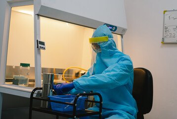 A scientist in PPE safty uniform pipetting sample experiment in biological safety cabinet (BSC).