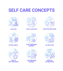 Self care concept icons set. Self care checklist for everyday. Healthy leisure time activities. Body positivity tips idea thin line RGB color illustrations. Vector isolated outline drawings