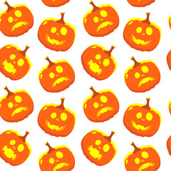 Halloween pumpkin with scary face  seamless pattern on white background. Halloween decor. Pumpkin head. Vector cartoon Illustration. Easy to use for backdrop, textile, wrapping paper, print.	