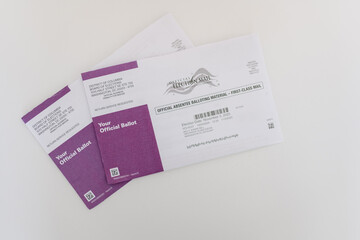 top down view of mail voting ballots for 2020 election