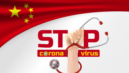 Stop covid-19. Stop corona virus. Protest with raised arm fist to stop Covid's disease. Cheers for doctors fighting COVID-19 disease in china. Covid-19 protection.Hand holding Stethoscope.