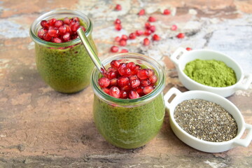 Matcha green tea chia seed pudding with pomegranate seeds