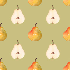 Watercolor seamless pattern with pears on a brown background.