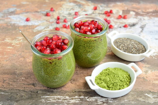 Matcha Green Tea Chia Seed Pudding With Pomegranate Seeds