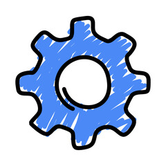 Blue hand draw wheel icon. Machine gear symbol