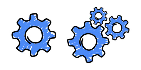 Set of blue hand draw wheels icon. Machine gears symbols