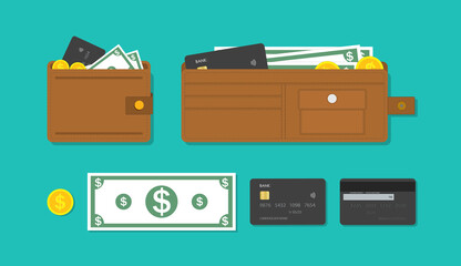 Wallet, card and cash money. Icon of purse with credit card, currency and gold coins. Bank account with salary. Brown leather wallet with pockets. Concept of shopping, finance and payment. Vector