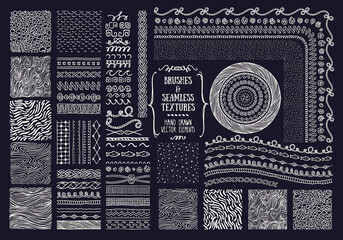 Hand drawn brushes, seamless textures. Artistic collection of design elements. Sea waves, water bubbles, ocean life, cordage, rope knot, abstract backgrounds. Pattern brushes are included in EPS file.