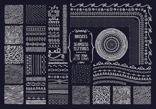 Hand drawn brushes, seamless textures. Artistic collection of design elements. Sea waves, water bubbles, ocean life, cordage, rope knot, abstract backgrounds. Pattern brushes are included in EPS file.