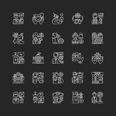 Essential services chalk white icons set on black background. Key industries. Hospitals and other healthcare. Electricity and water supply. Law enforcement. Isolated vector chalkboard illustrations