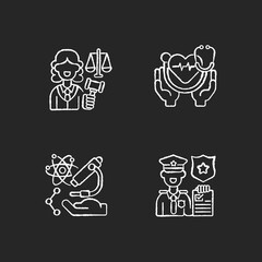 Critical services chalk white icons set on black background. Justice sector. Health care. Research. Law enforcement. Judiciary. Medical social services. Isolated vector chalkboard illustrations