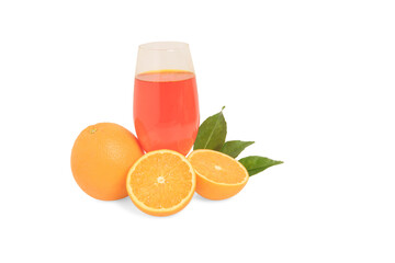 Orange juice in a glass and pitcher isolated on white background.