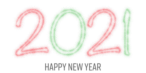 Happy new 2021 year! Elegant red and green text with light on white background.
