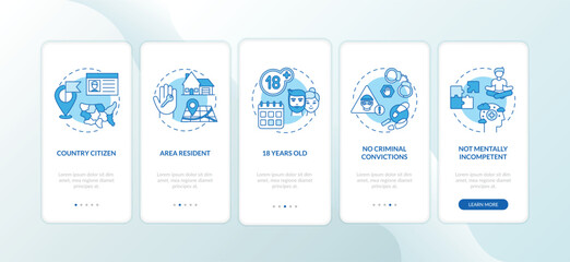 Online voting requirements onboarding mobile app page screen with concepts. Citizenship, criminal convictions walkthrough 5 steps graphic instructions. UI vector template with RGB color illustrations