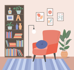 Comfortable chair, bookcase and house plants. Living room. Vector flat  cartoon illustration
