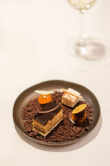 chocolate cake dessert on fine dining table