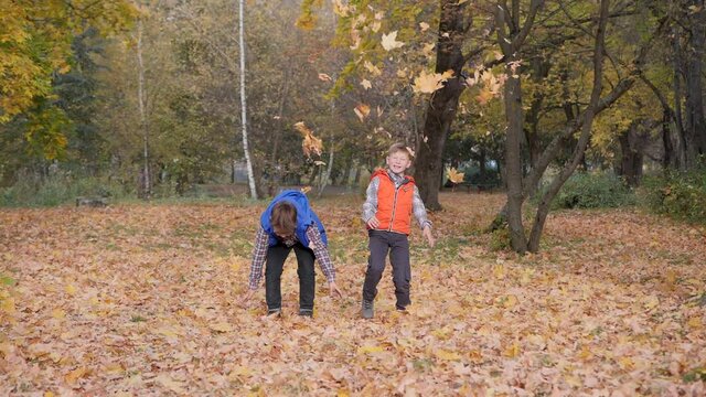 Outdoor games. Autumn landscape. Autumn. Children play with fallen leaves of trees. Boys toss autumn yellow leaves up.
