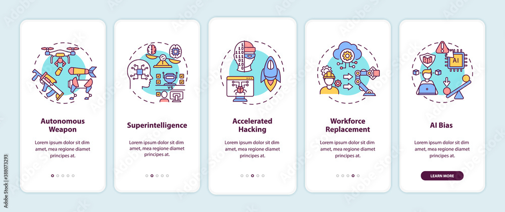 Poster ai threats onboarding mobile app page screen with concepts. autonomous future army weapons walkthrou