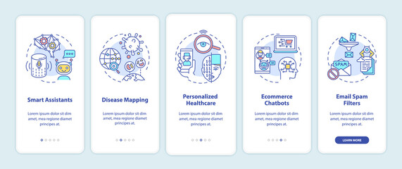 AI application onboarding mobile app page screen with concepts. Smart computer assistants technology walkthrough 5 steps graphic instructions. UI vector template with RGB color illustrations