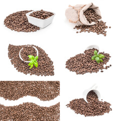 Set of roasted coffee beans close-up isolated on white background