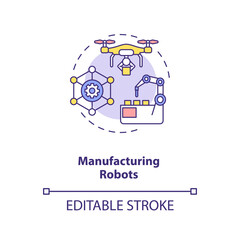 Naklejka premium Manufacturing robots concept icon. Future digital life. Smart computers creation. AI application idea thin line illustration. Vector isolated outline RGB color drawing. Editable stroke