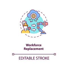 Workforce replacement concept icon. No working places for people. Money saving technologies. AI threats idea thin line illustration. Vector isolated outline RGB color drawing. Editable stroke