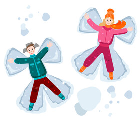 A boy and a girl lie on the snow and make snow angels. Winter vector drawing in cartoon style.