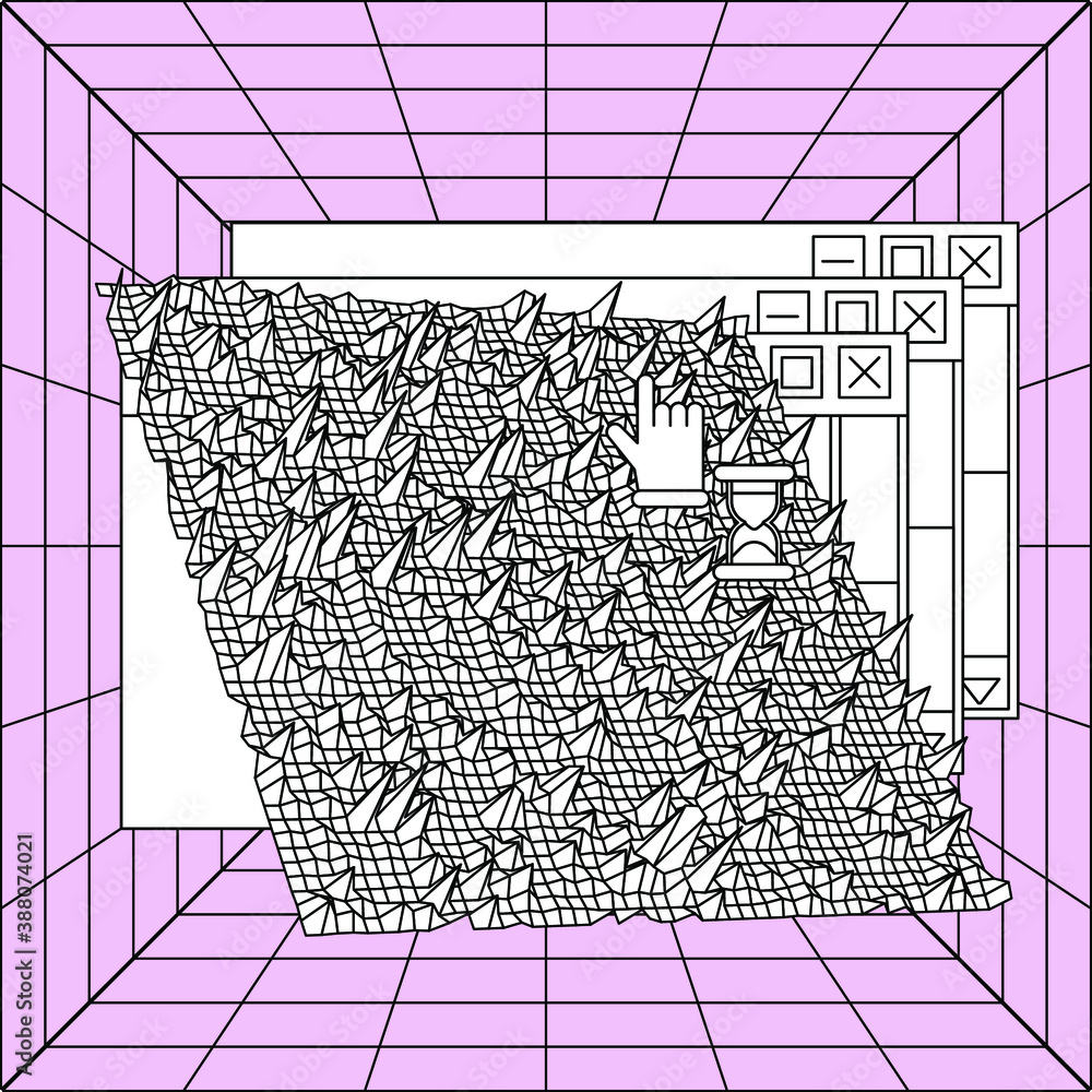 Poster Big data and complex information visualization concept. Glitched and distorted 3d surface, graph or map mathematical function.
