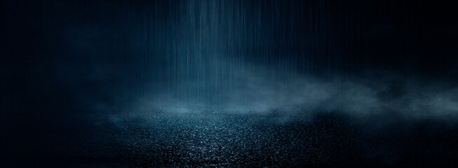 Dark abstract background. Empty dark street background at night. Spotlight reflects on the asphalt, blurry night lights. Smoke, fog. 