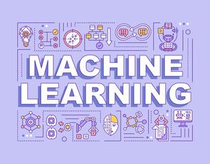 Fototapeta na wymiar Machine learning word concepts banner. Algorithm processing. Computer science. Infographics with linear icons on purple background. Isolated typography. Vector outline RGB color illustration