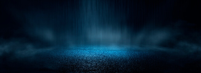 Dark abstract background. Empty dark street background at night. Spotlight reflects on the asphalt, blurry night lights. Smoke, fog. 