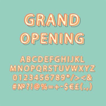 Grand opening header vintage 3d vector alphabet set. Retro bold font, typeface. Pop art stylized lettering. Old school style letters, numbers, symbols pack. 90s, 80s creative typeset design template