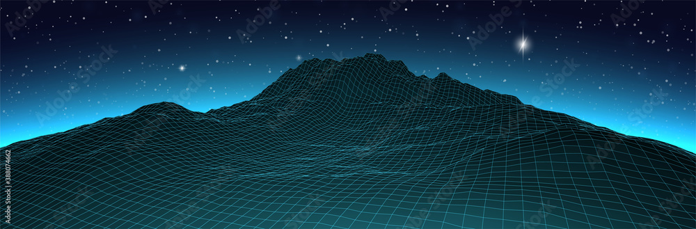 Poster 3d computer landscape. virtual wireframe surface. thin line topography. cyber space. retro futuristi
