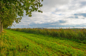 Fototapeta na wymiar Panorama of fields under dark, grey and white rain clouds in bright sunlight in autumn, Almere, Flevoland, The Netherlands, October 26, 2020