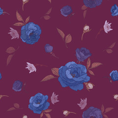 Vector floral seamless pattern with blue roses, chrysanthemums and white jasmine - 388075249
