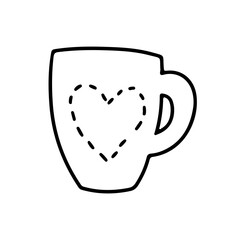 Single hand drawn cup of coffee, chocolate, cocoa, americano or cappuccino with heart isolated on white background. Doodle vector outline illustration. Design for greeting card, invitation, poster