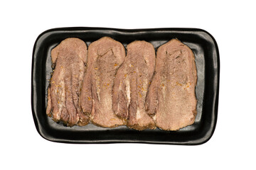 sliced cooked dry aged beef on plate