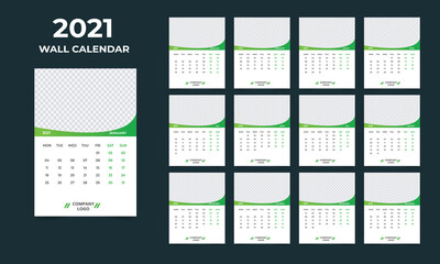  2021 Wall calendar design  Set of 12 Months, Week starts Monday
