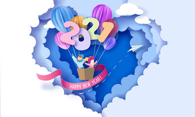 2021 New Year design card with kids in basket of air balloons