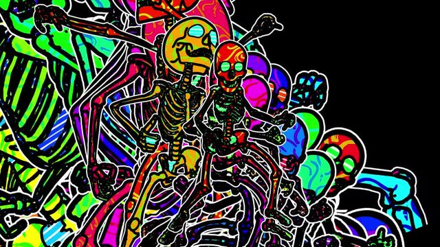 Thriller dancing skeleton in comic style, fluorescent textures and patterns. Halloween zine culture video loop with a doodle cartoon illustration look with echo effect.