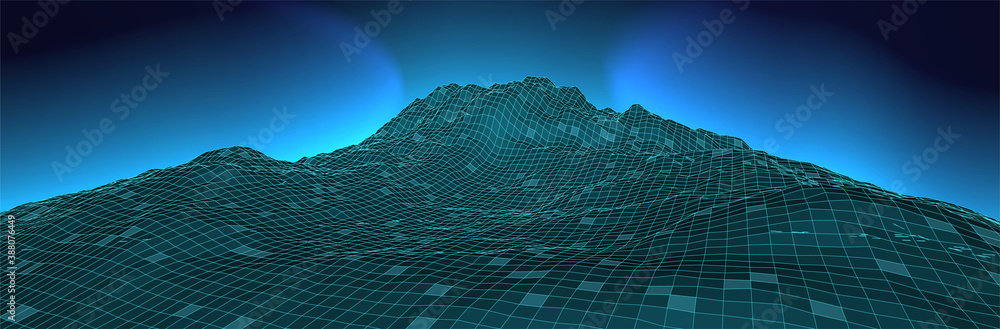 Poster 3d computer landscape. virtual wireframe surface. thin line topography. cyber space. retro futuristi