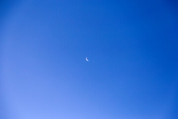 A young month in the blue sky in the early evening.